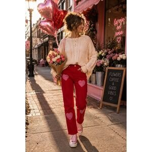 Tegias Red Heart Jeans XS Y2K Coquette Valentine Straight Leg Cotton